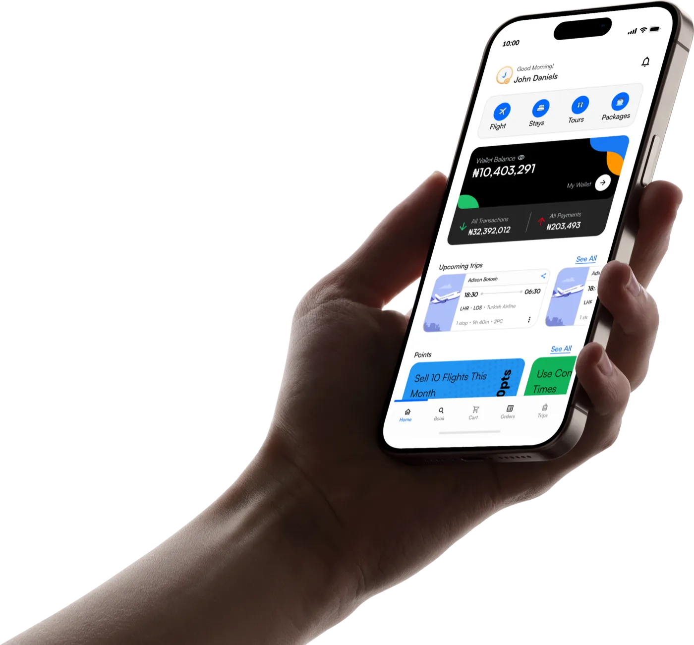 The Intraverse app home screen on a phone: shortcuts for Flight, Stays, Tours and Packages, a wallet balance, and upcoming trips. Sample data.